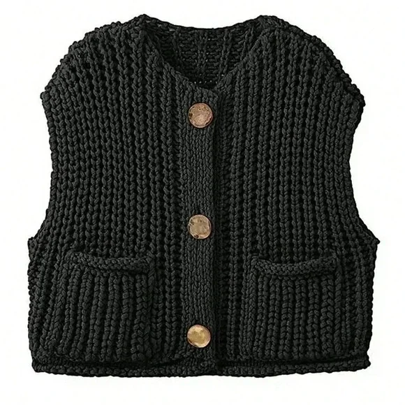 Black Casual Women's Loose Knit Vest With Double Pockets - Picture 3 of 5